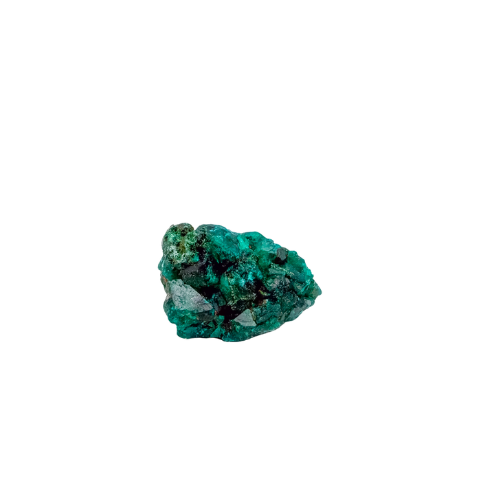 Fine dioptase druzy on the slim flat piece, 0.76 inches of coverage