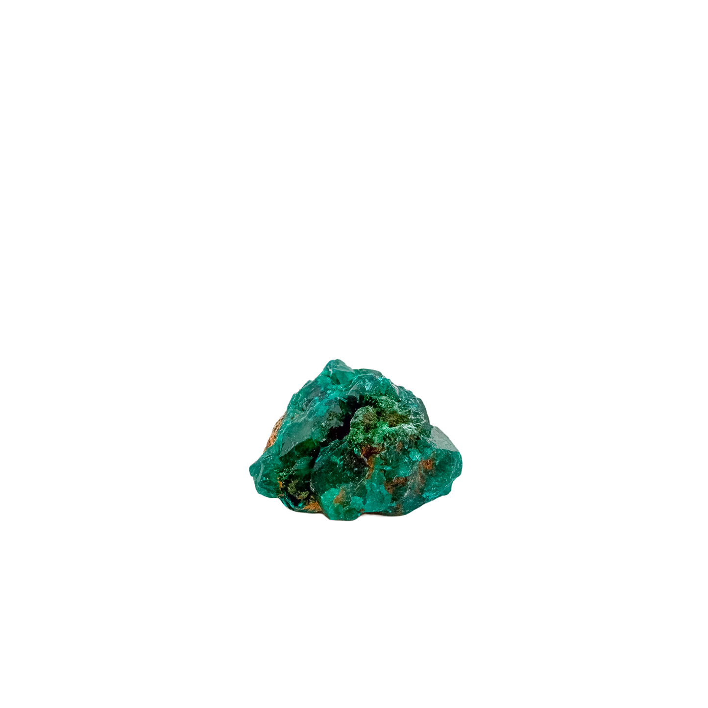 Dioptase specimen of 8.6 g from Renéville, its slim flat piece shown on white