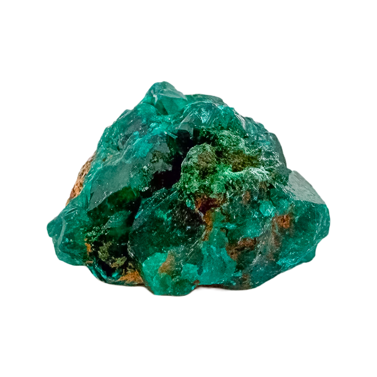 Dioptase specimen of 8.6 g from Renéville, its slim flat piece shown on white