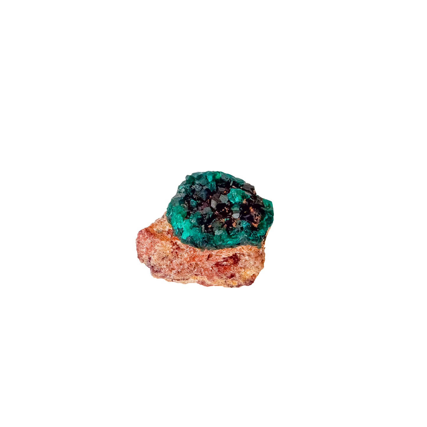 Angled view of the petite collector piece, copper-green over oxidized ore, 5.7 g