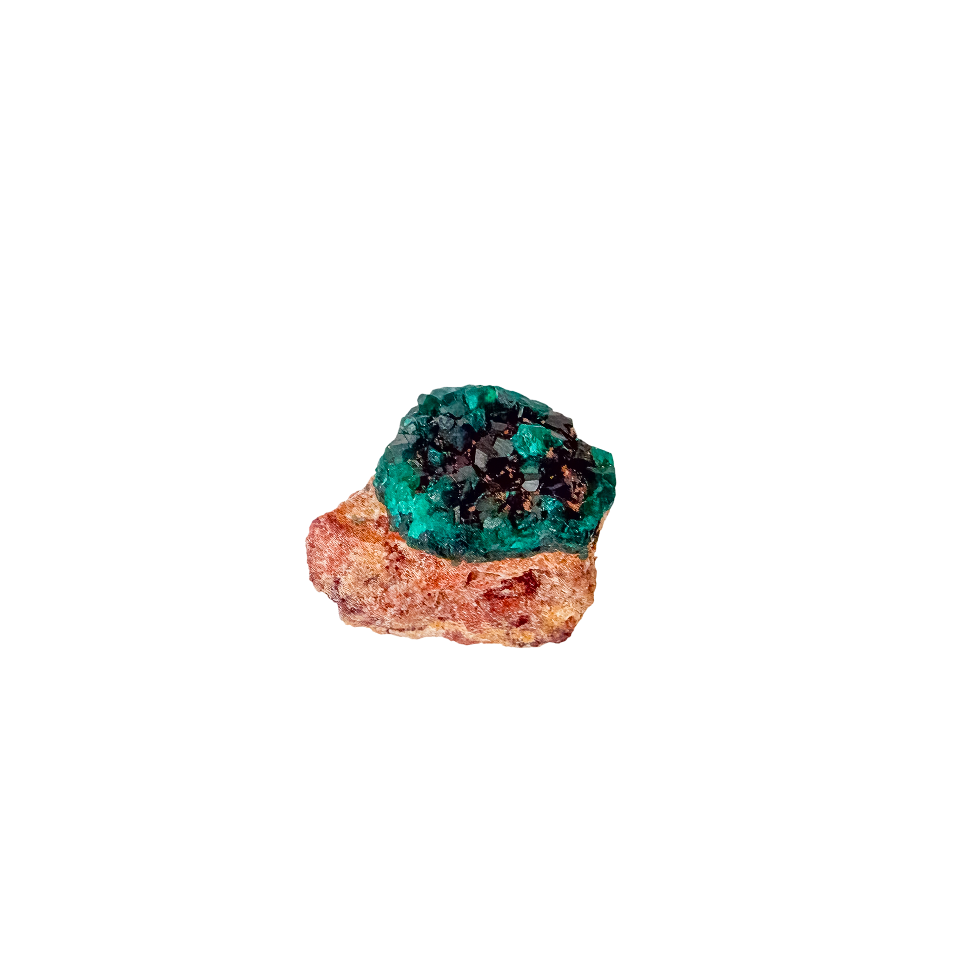 Angled view of the petite collector piece, copper-green over oxidized ore, 5.7 g