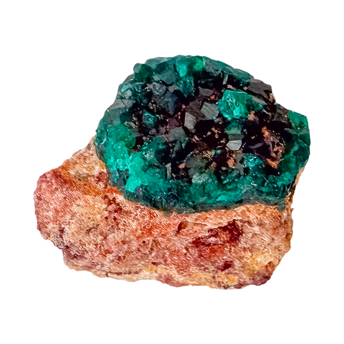 Angled view of the petite collector piece, copper-green over oxidized ore, 5.7 g