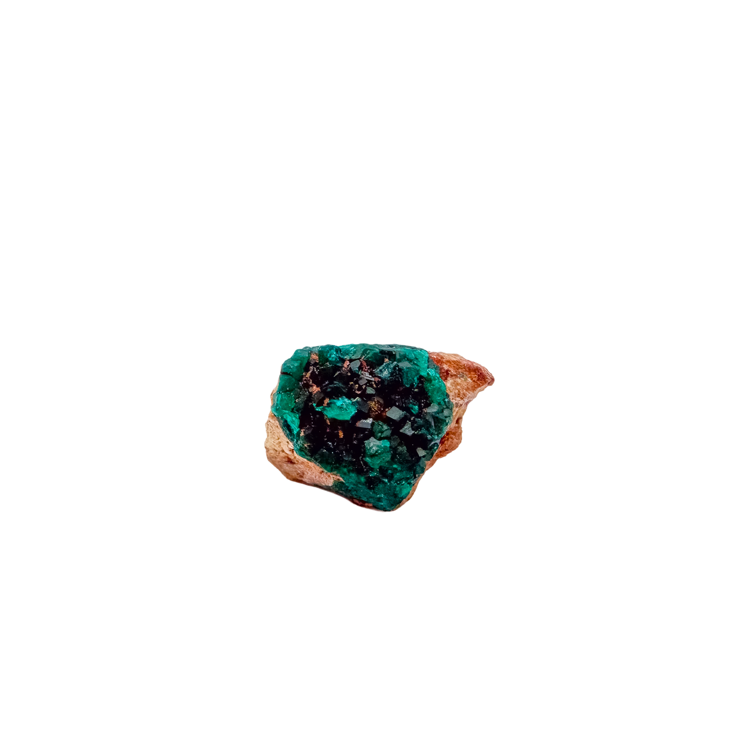 Raw Congolese dioptase, 5.7 g, copper-green crystal over host rock, the petite collector piece