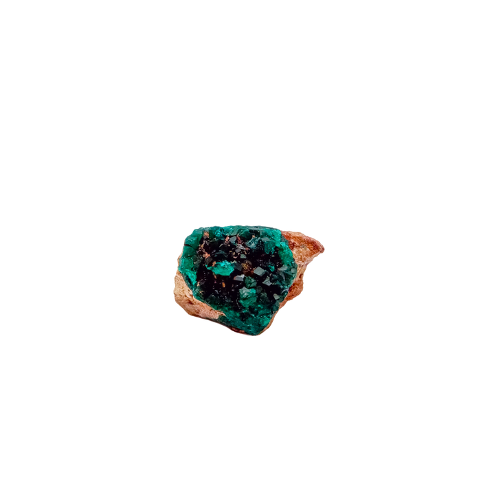Raw Congolese dioptase, 5.7 g, copper-green crystal over host rock, the petite collector piece