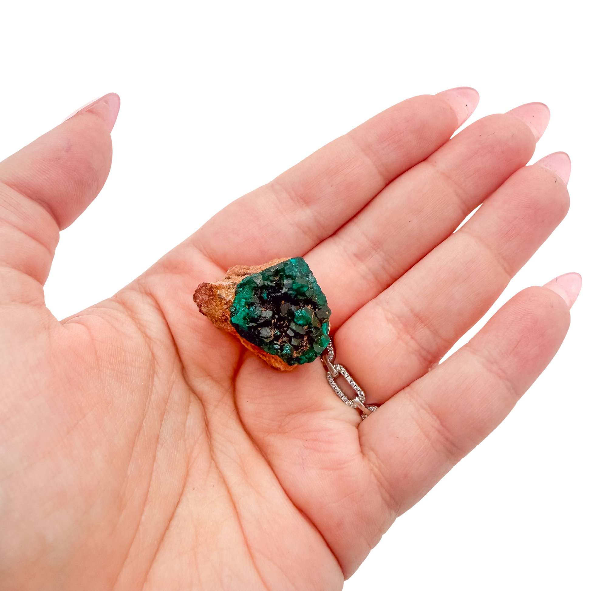 A 5.7 g dioptase, the petite collector piece, resting in an open palm for size