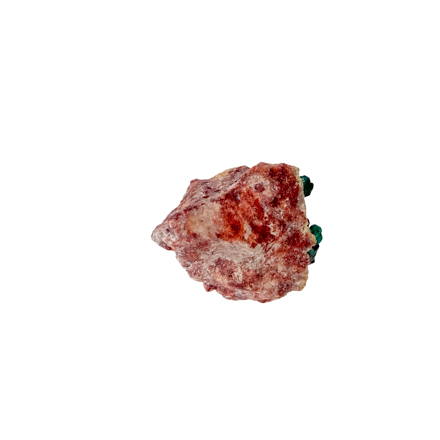 Fine dioptase druzy on the slender thumbnail, 0.53 inches of coverage