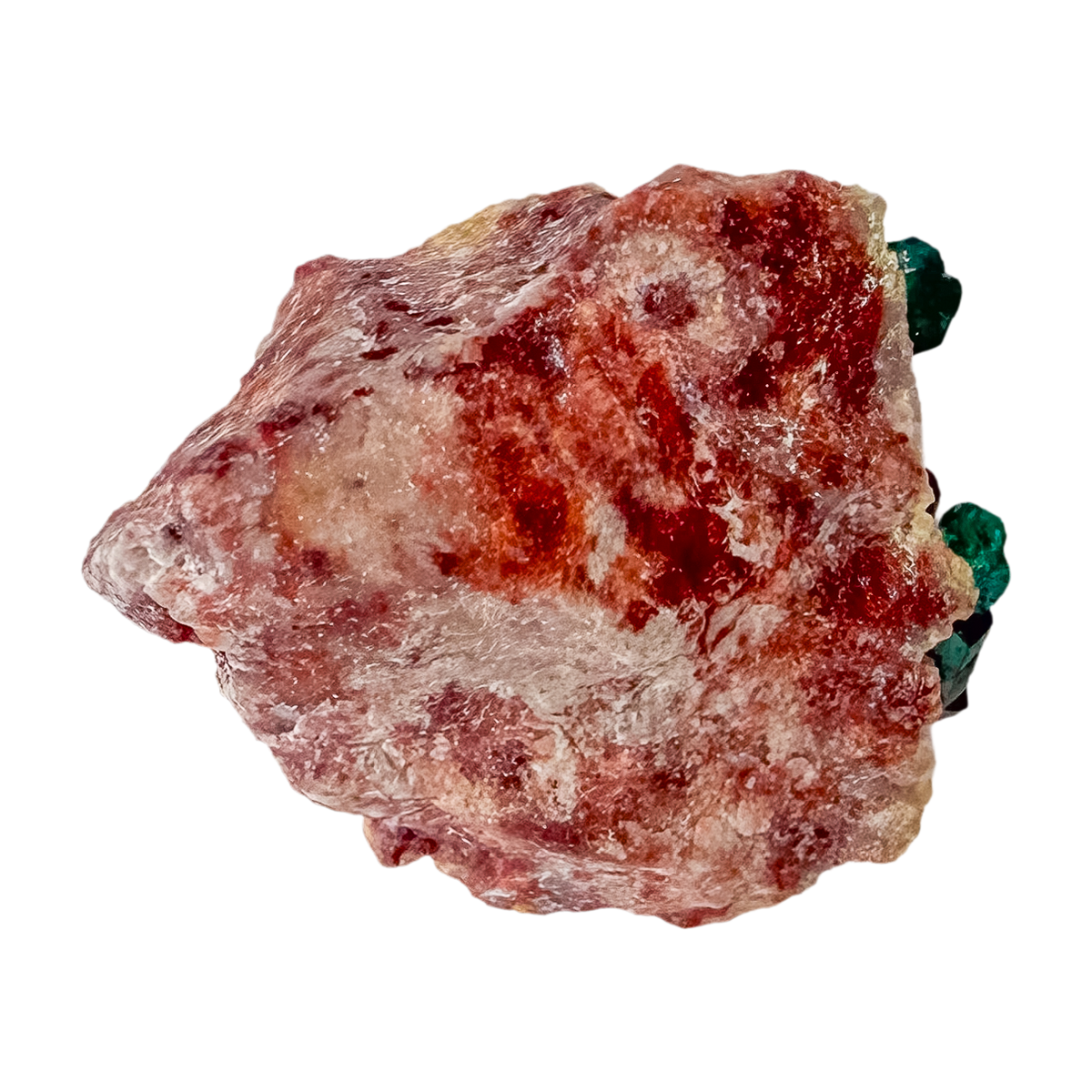 Fine dioptase druzy on the slender thumbnail, 0.53 inches of coverage