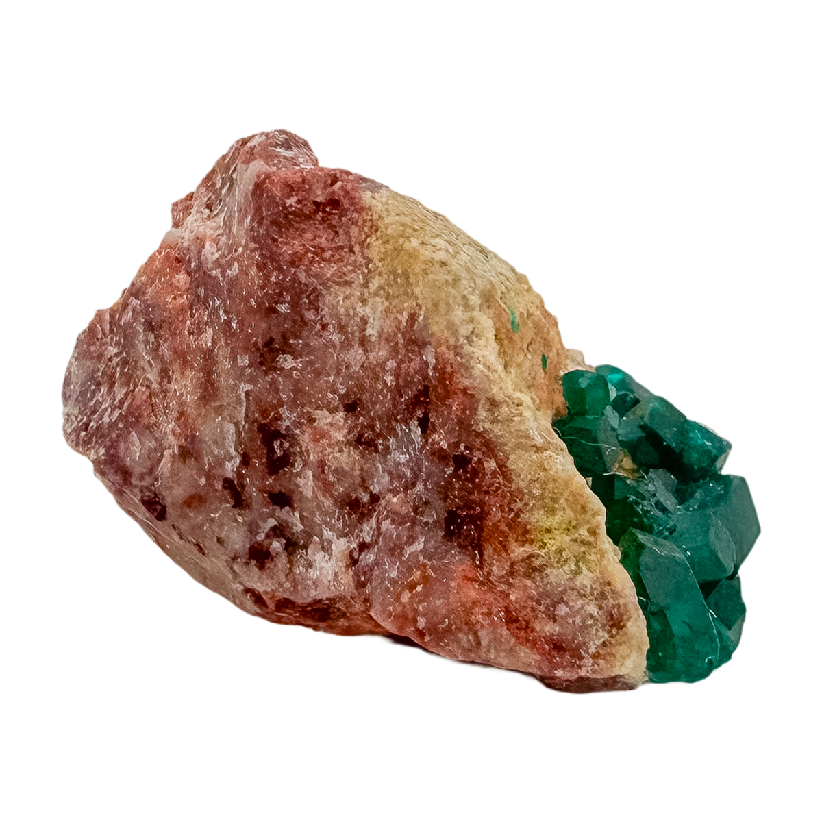 Dioptase specimen of 6.1 g from Renéville, its slender thumbnail shown on white