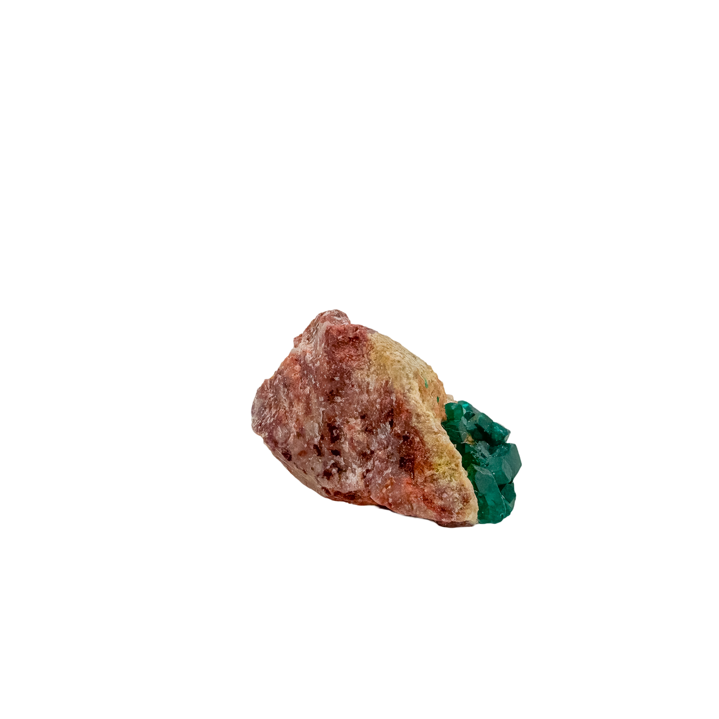 Dioptase specimen of 6.1 g from Renéville, its slender thumbnail shown on white