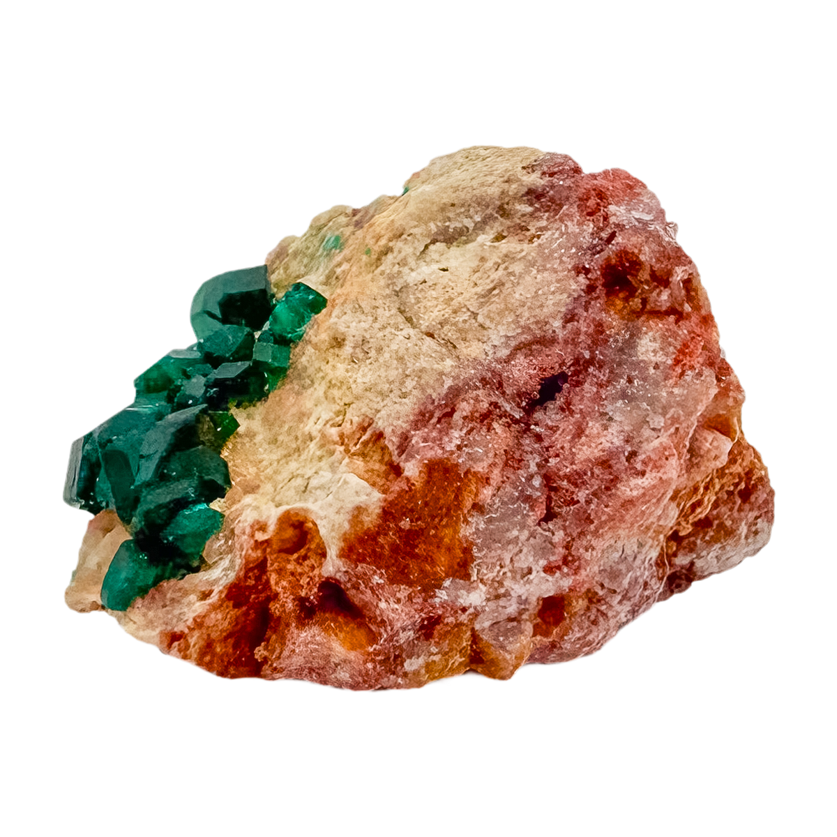 Dioptase crystals from a second side, the slender thumbnail at 6.1 g