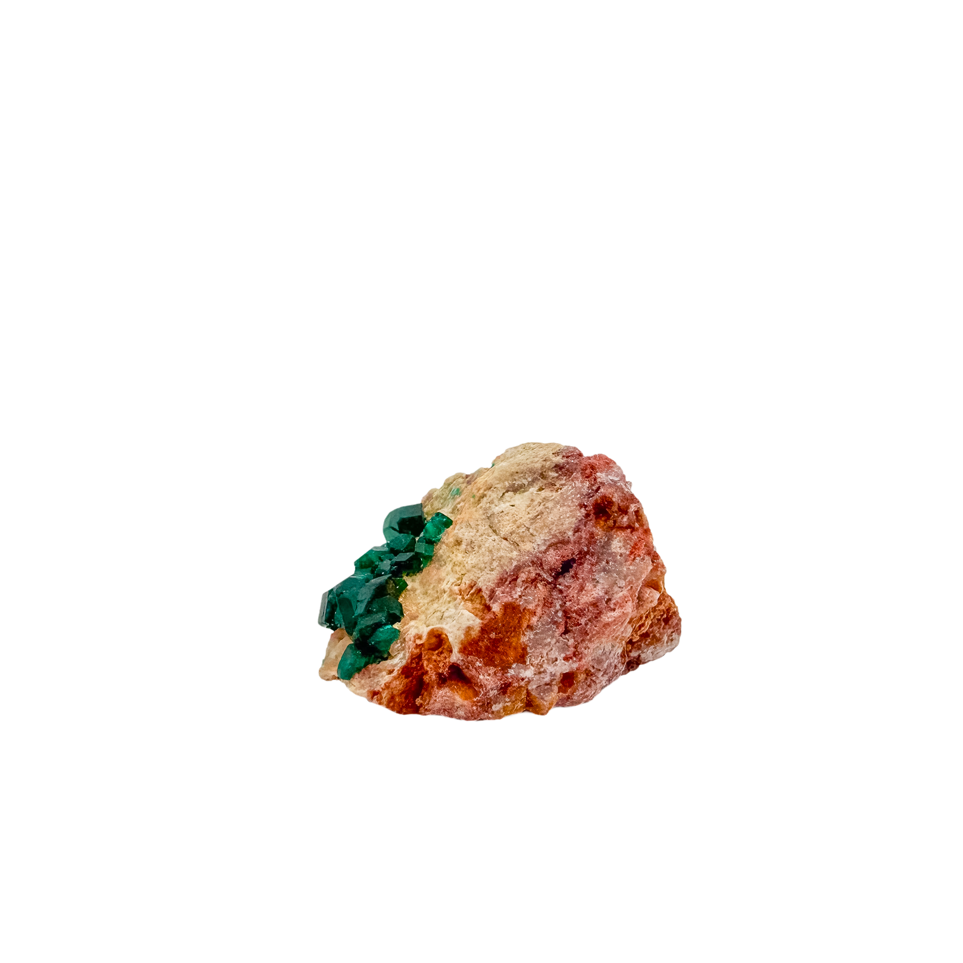 Dioptase crystals from a second side, the slender thumbnail at 6.1 g