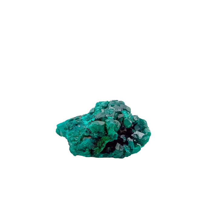 Edge-on view of the round thumbnail, 0.81 inches of Congolese dioptase