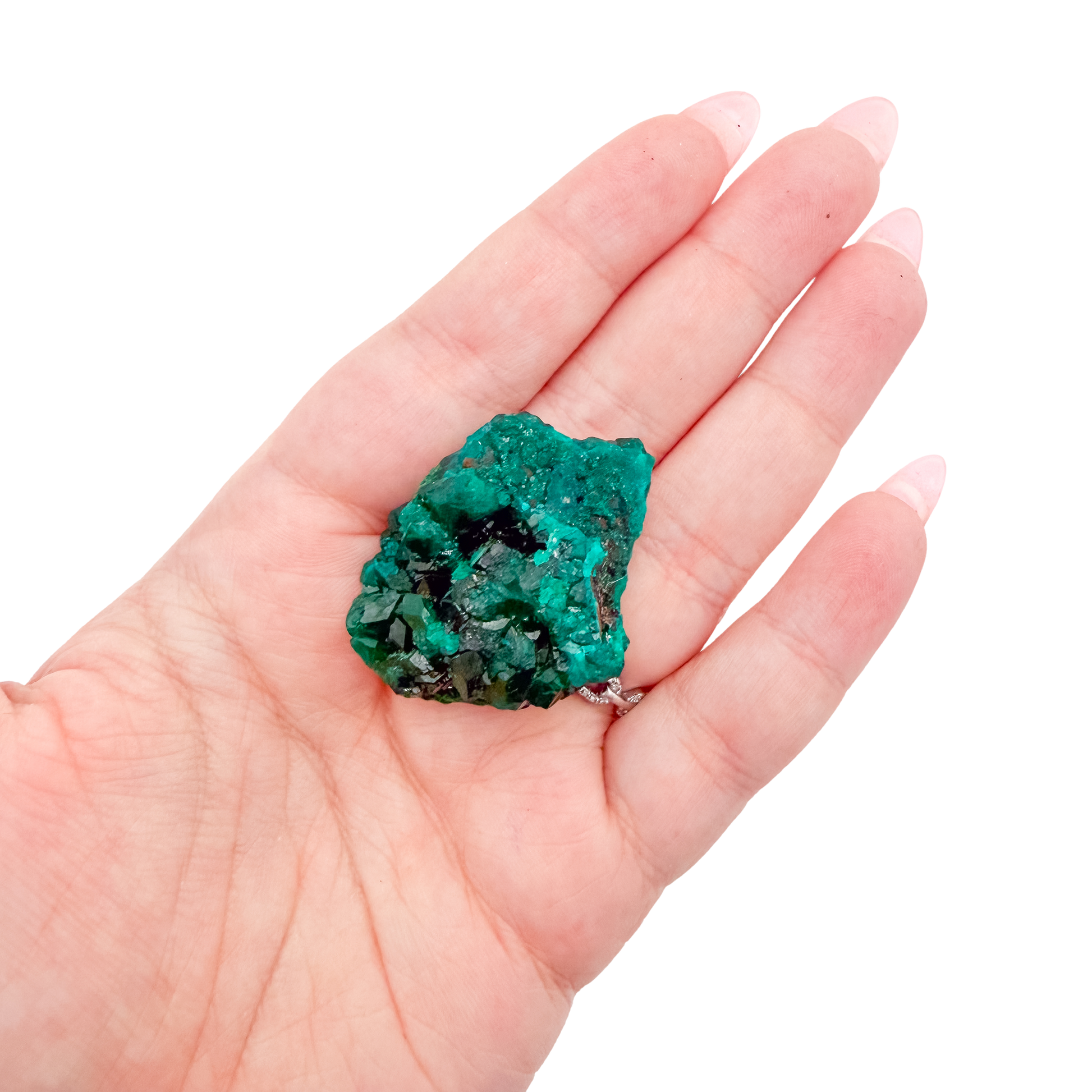 Hand holding the round thumbnail to show how small a 0.81 inch collector dioptase is