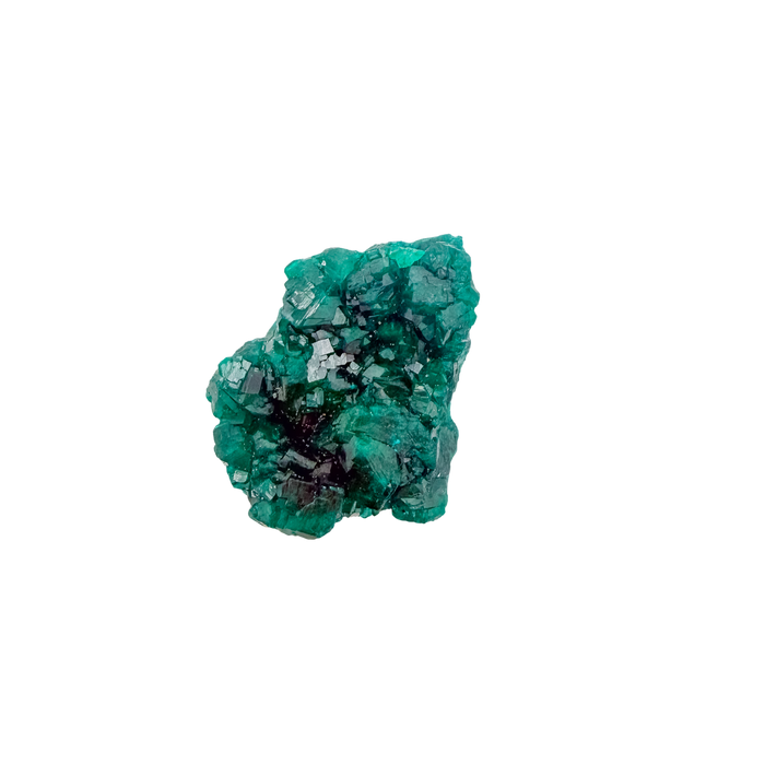 Dioptase specimen of 5.1 g from Renéville, its thin flat chip shown on white