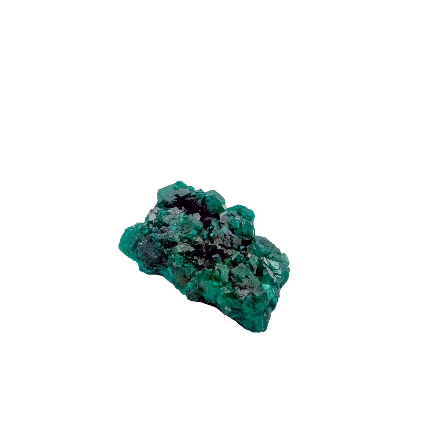 Dioptase crystals from a second side, the thin flat chip at 5.1 g