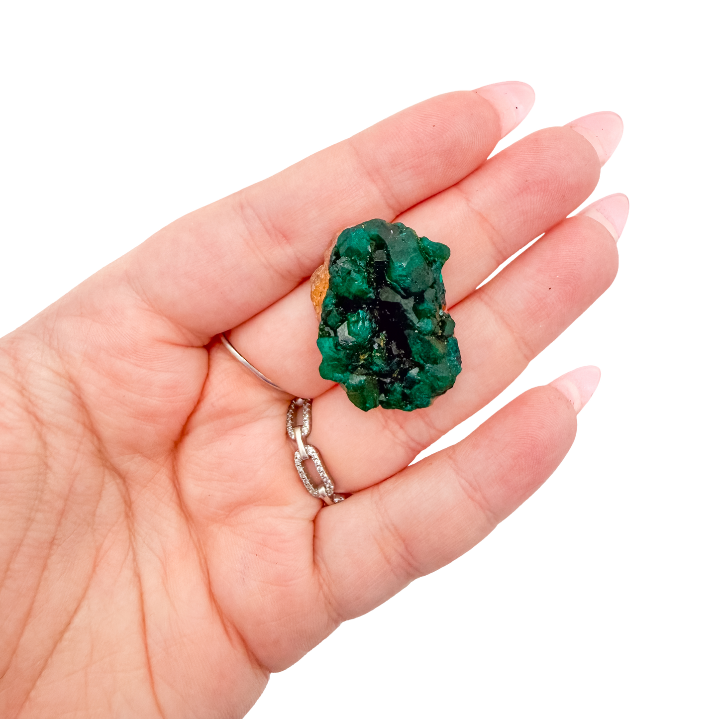 A 5.6 g dioptase, the delicate sliver, resting in an open palm for size