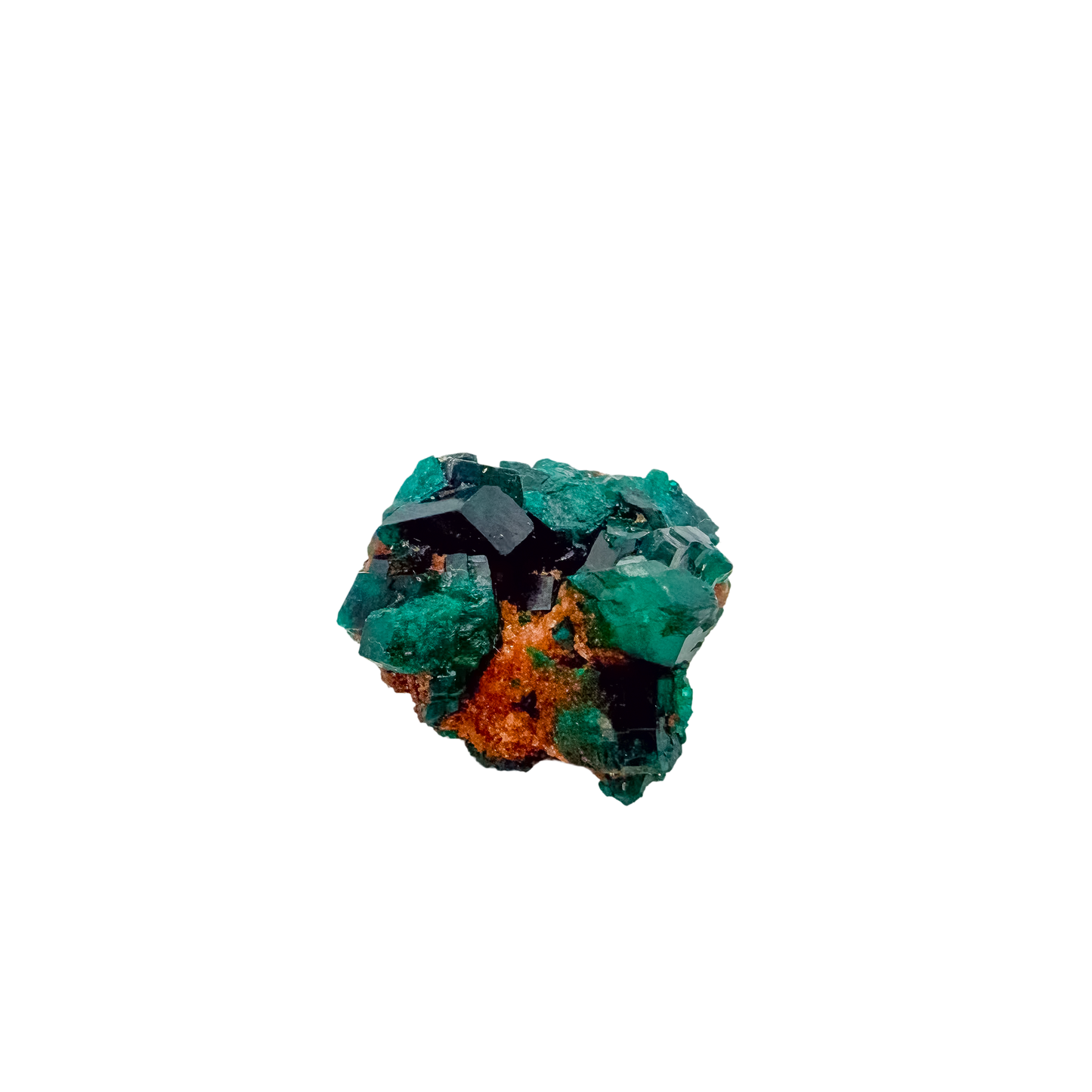 Dioptase crystals from a second side, the bright slim piece at 7.5 g