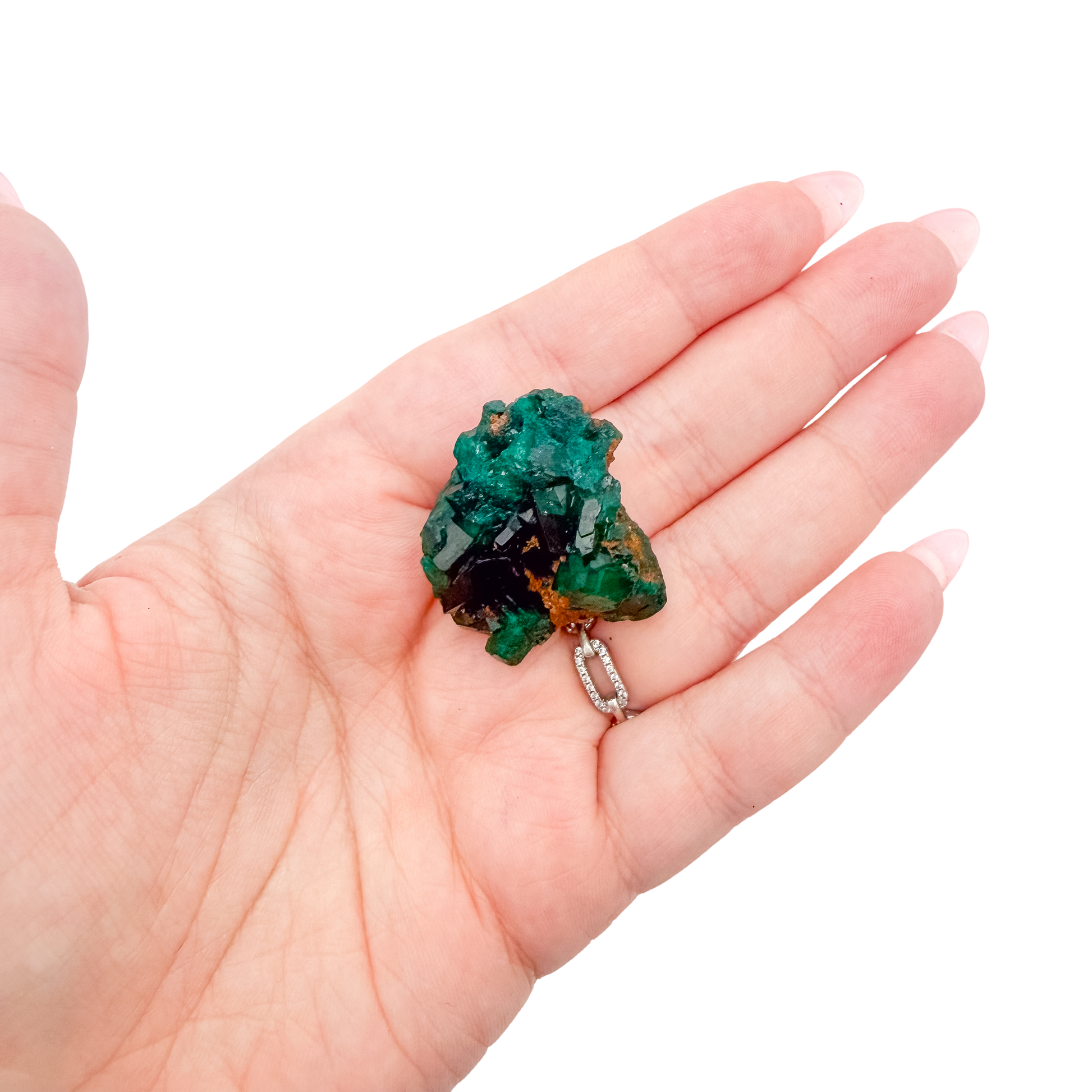 Scale shot of the bright slim piece, 7.5 g of Congolese dioptase cupped in a hand