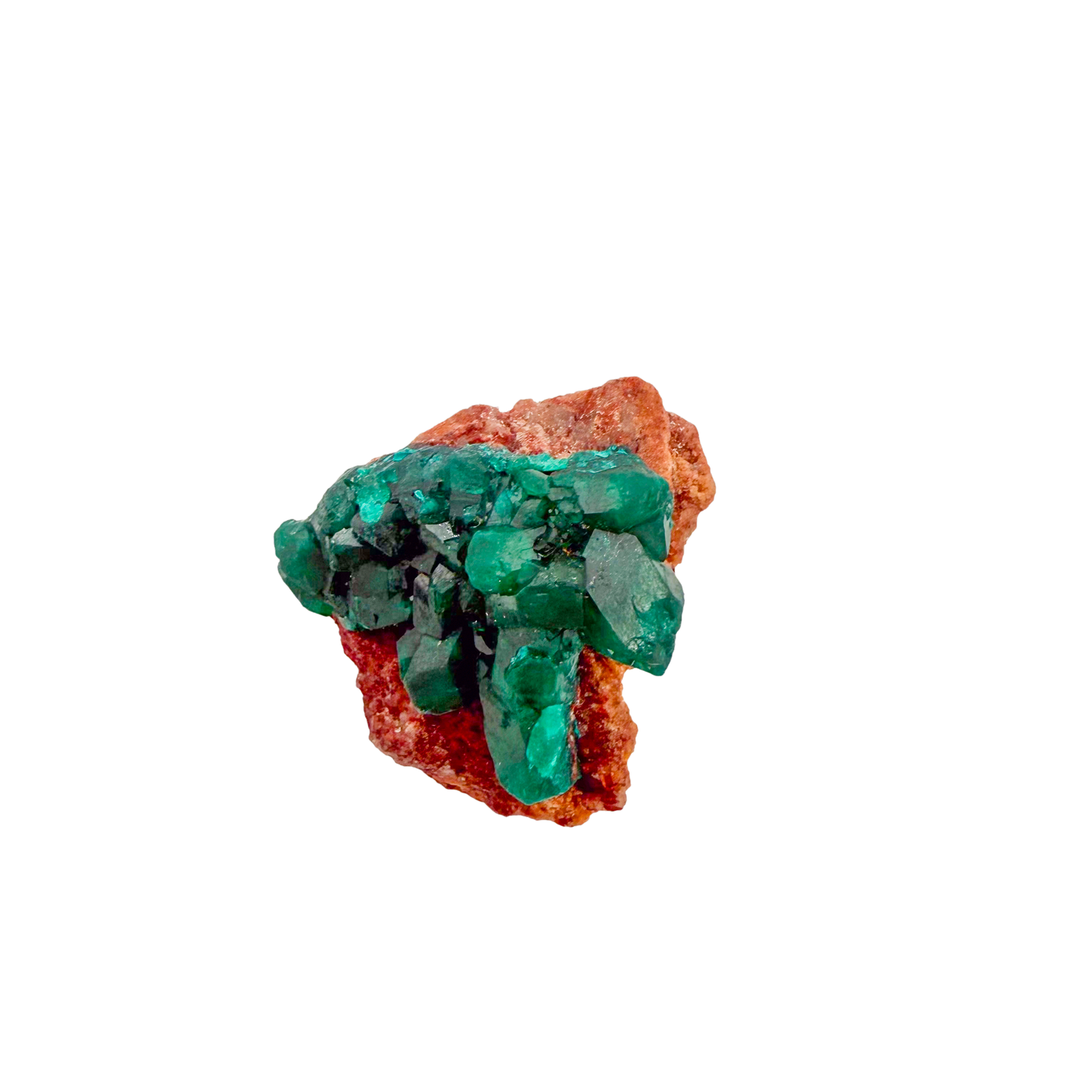 Raw dioptase crystal specimen from the Republic of the Congo, deep emerald-green druzy on matrix, specimen 10, view 1