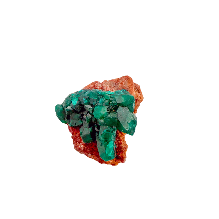 Raw dioptase crystal specimen from the Republic of the Congo, deep emerald-green druzy on matrix, specimen 10, view 1