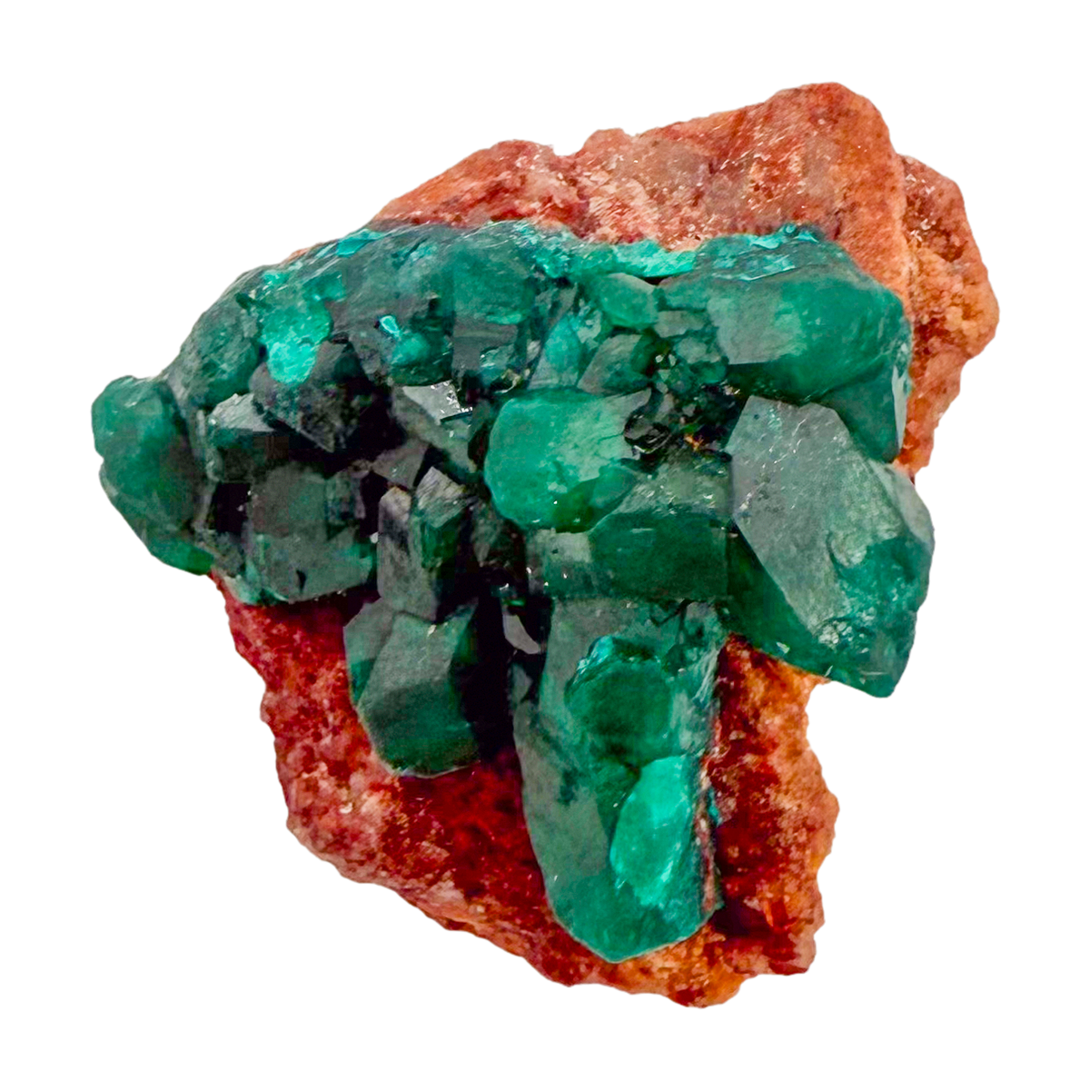 Raw dioptase crystal specimen from the Republic of the Congo, deep emerald-green druzy on matrix, specimen 10, view 1