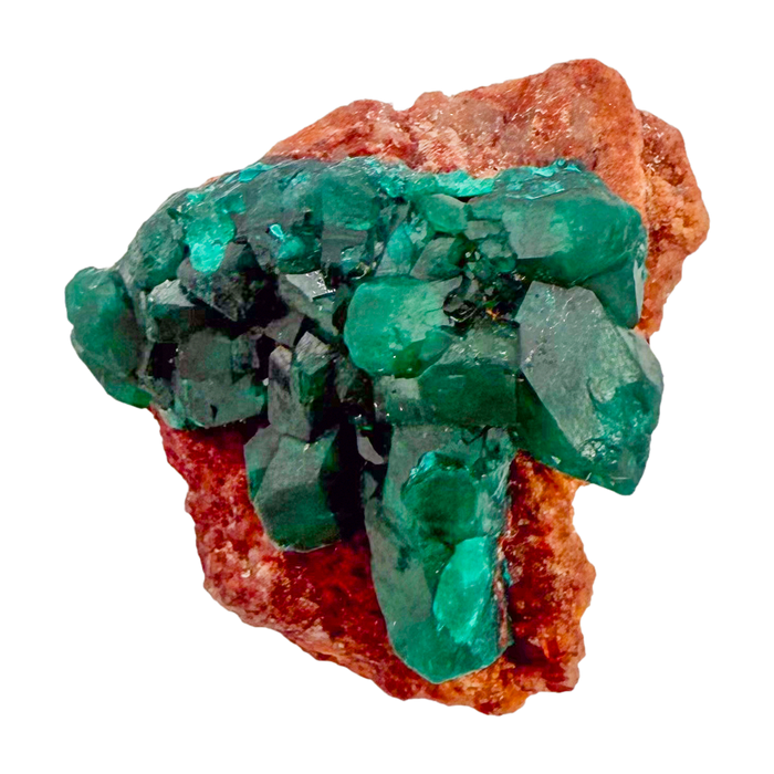 Raw dioptase crystal specimen from the Republic of the Congo, deep emerald-green druzy on matrix, specimen 10, view 1