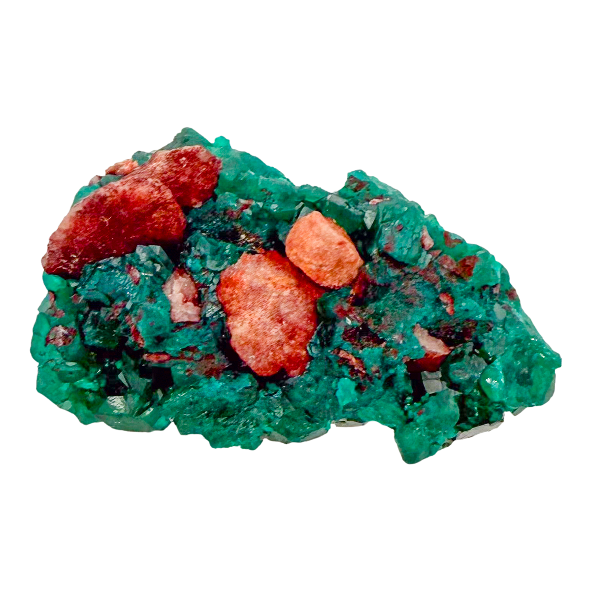 Raw dioptase crystal specimen from the Republic of the Congo, deep emerald-green druzy on matrix, specimen 11, view 1