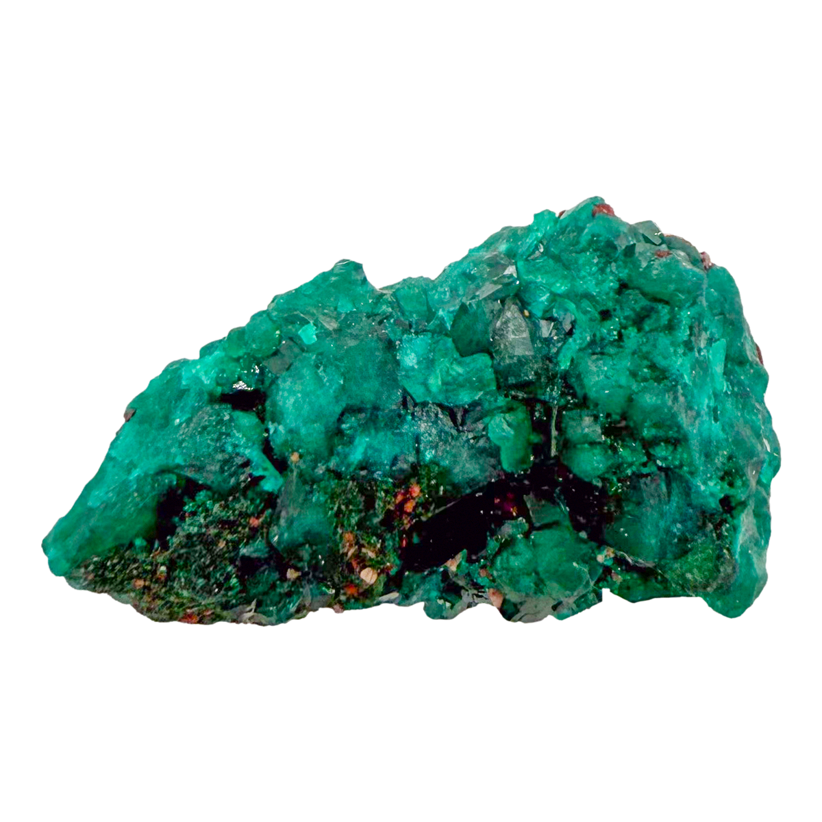 Raw dioptase crystal specimen from the Republic of the Congo, deep emerald-green druzy on matrix, specimen 11, view 3