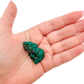 Dioptase crystal specimen from the Republic of the Congo held in hand for scale, deep emerald-green druzy, specimen 11