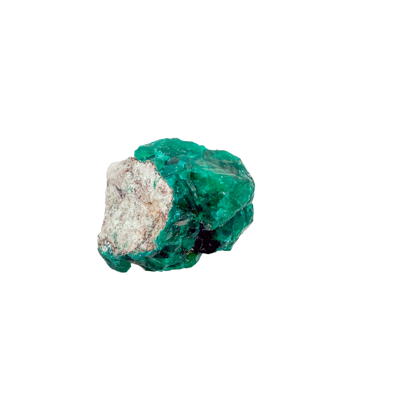 Raw dioptase crystal specimen from the Republic of the Congo, deep emerald-green druzy on matrix, specimen 12, view 1