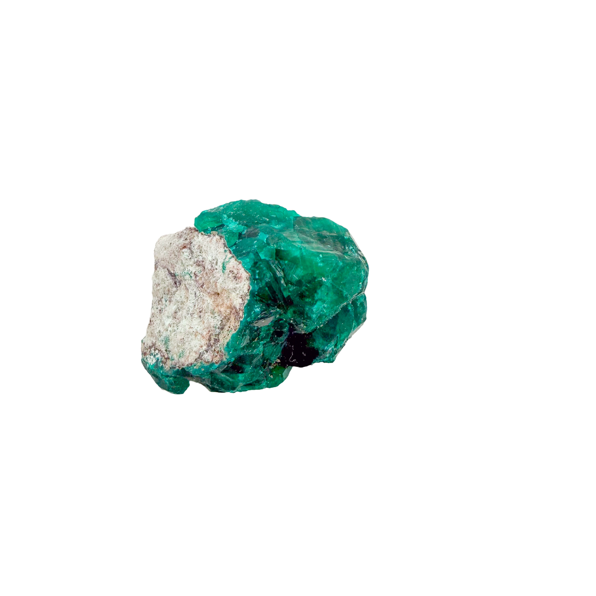 Raw dioptase crystal specimen from the Republic of the Congo, deep emerald-green druzy on matrix, specimen 12, view 1