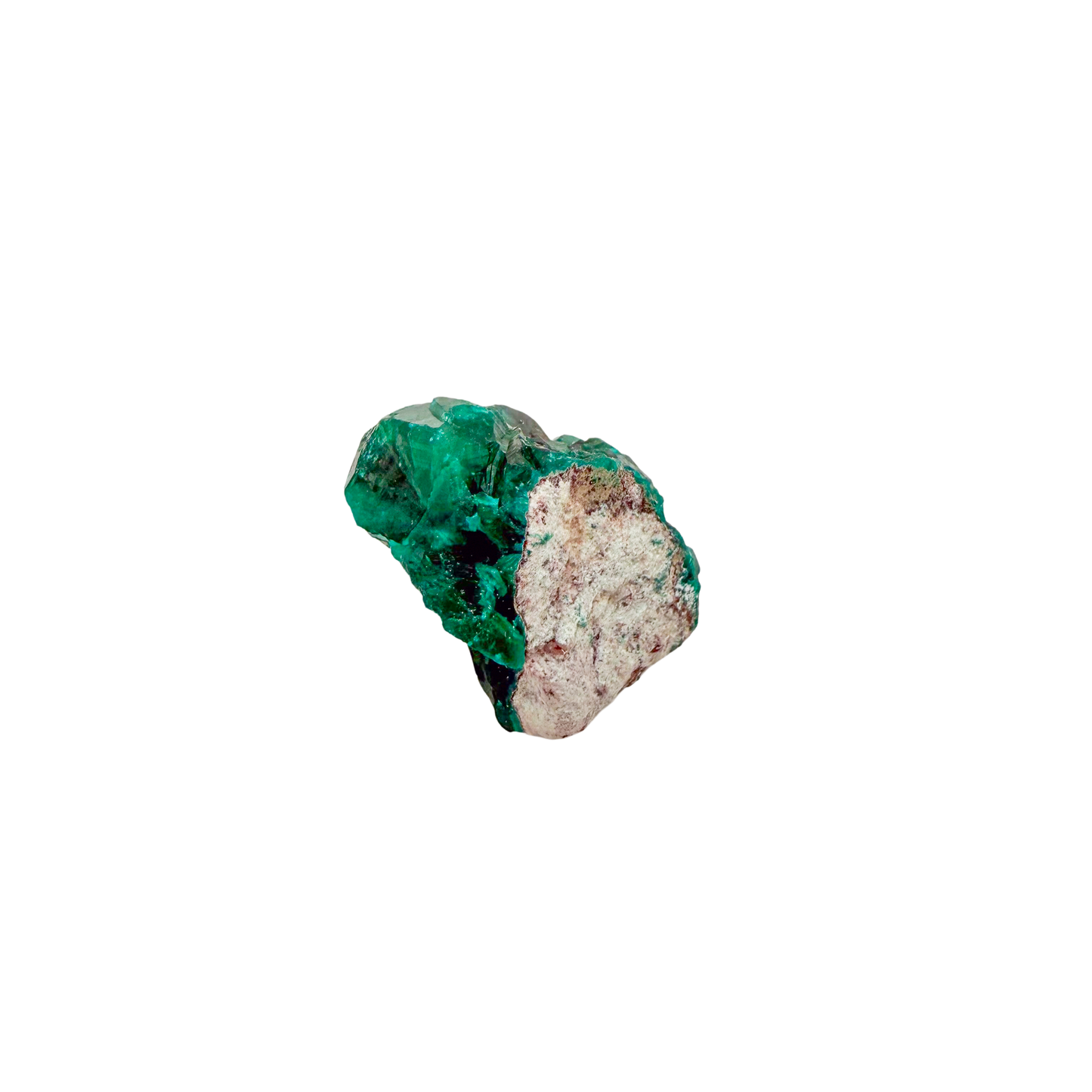 Raw dioptase crystal specimen from the Republic of the Congo, deep emerald-green druzy on matrix, specimen 12, view 2