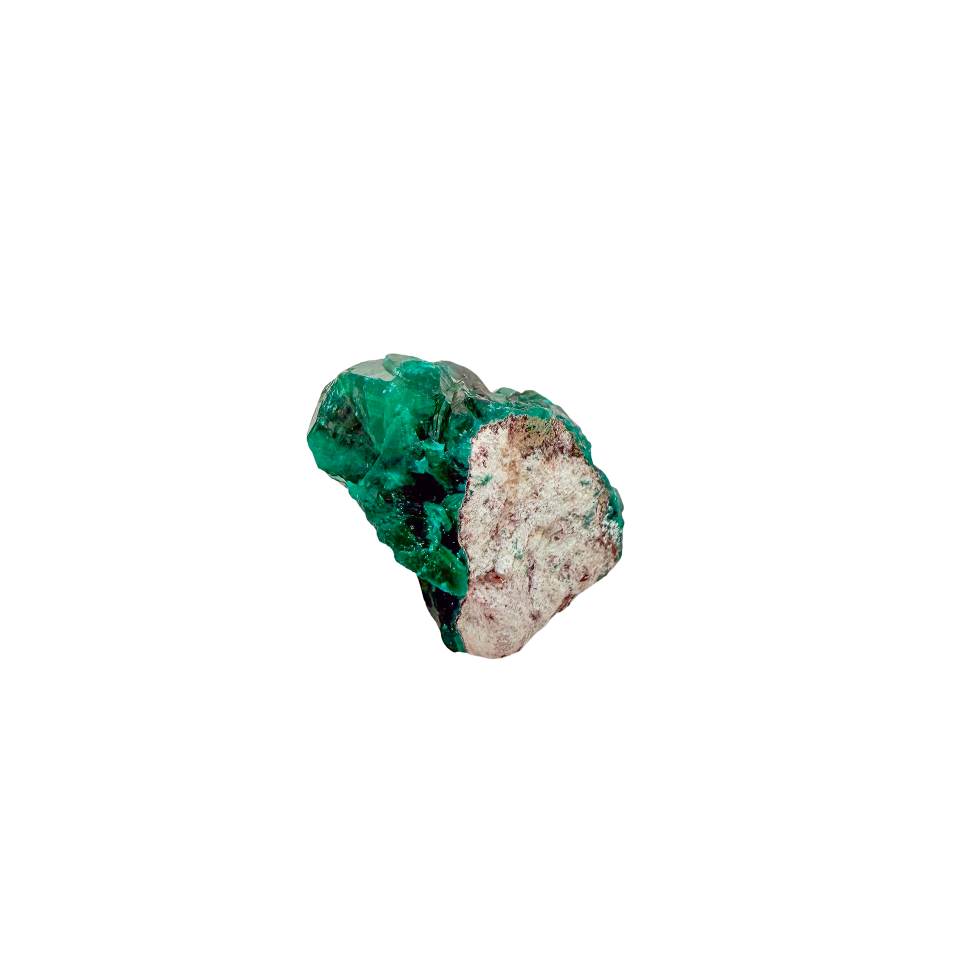 Raw dioptase crystal specimen from the Republic of the Congo, deep emerald-green druzy on matrix, specimen 12, view 2