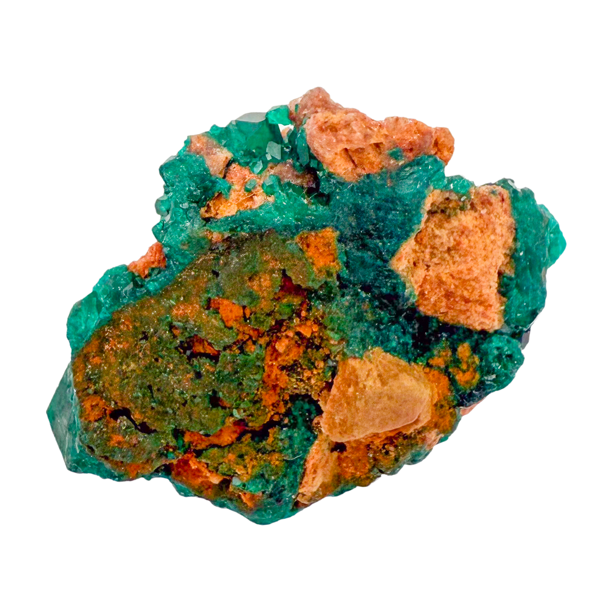 Raw dioptase crystal specimen from the Republic of the Congo, deep emerald-green druzy on matrix, specimen 13, view 1