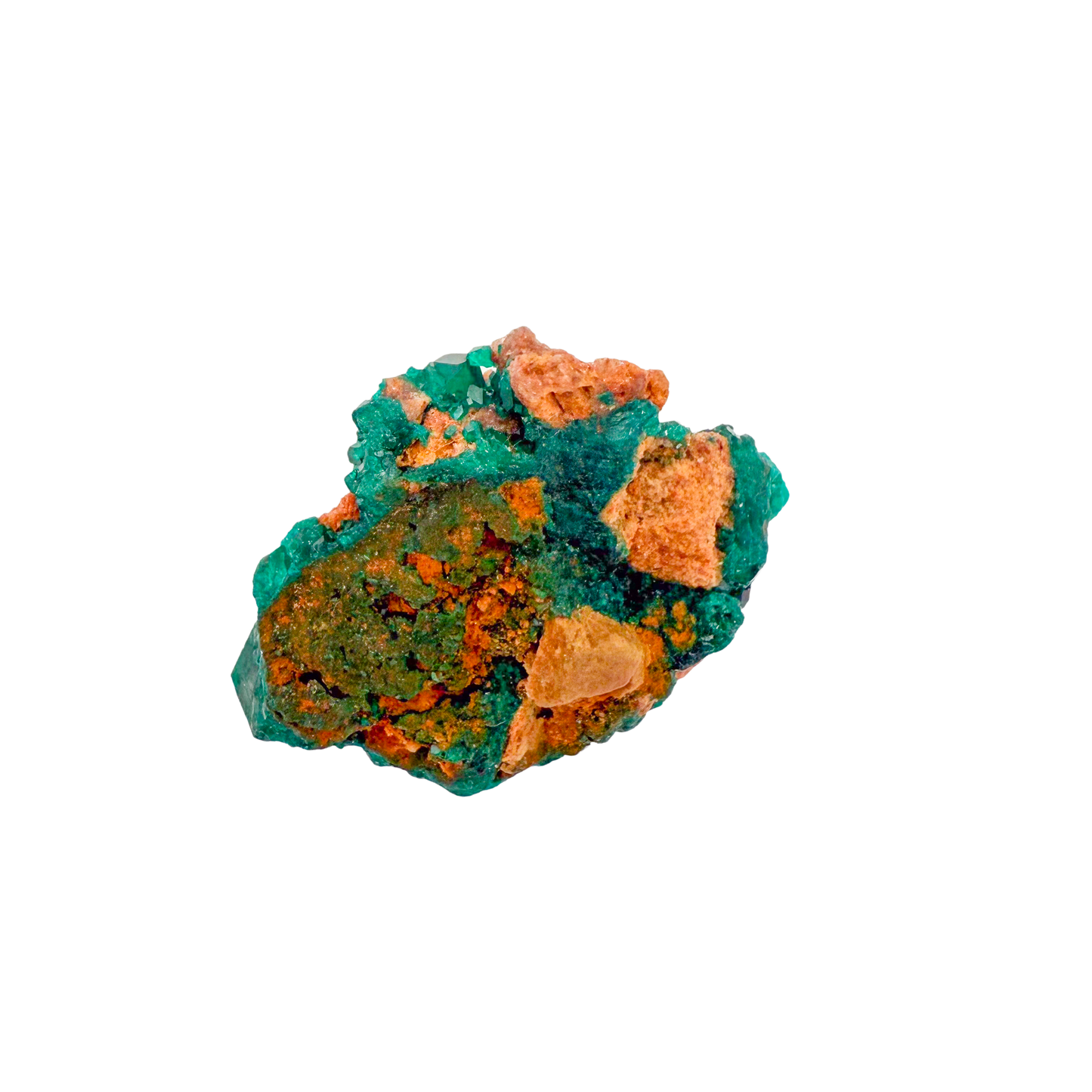 Raw dioptase crystal specimen from the Republic of the Congo, deep emerald-green druzy on matrix, specimen 13, view 1
