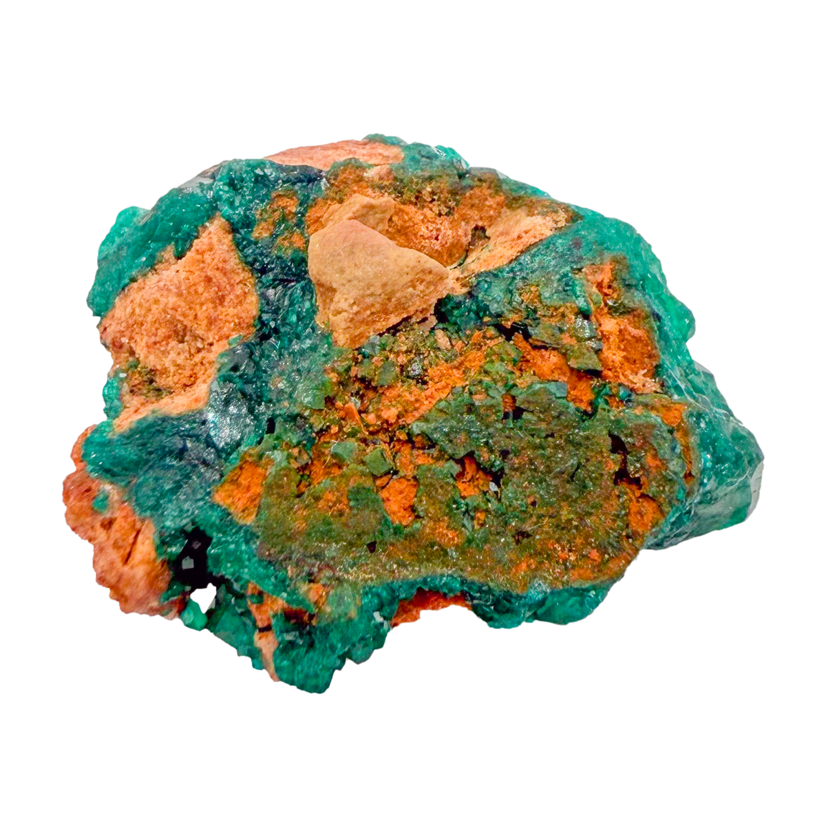 Raw dioptase crystal specimen from the Republic of the Congo, deep emerald-green druzy on matrix, specimen 13, view 2