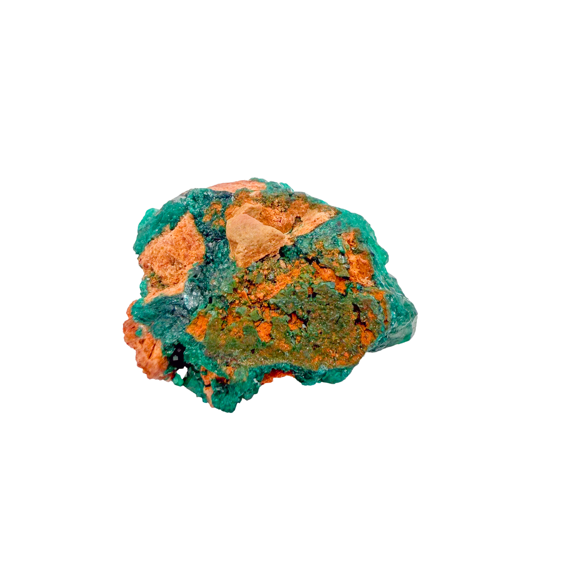 Raw dioptase crystal specimen from the Republic of the Congo, deep emerald-green druzy on matrix, specimen 13, view 2