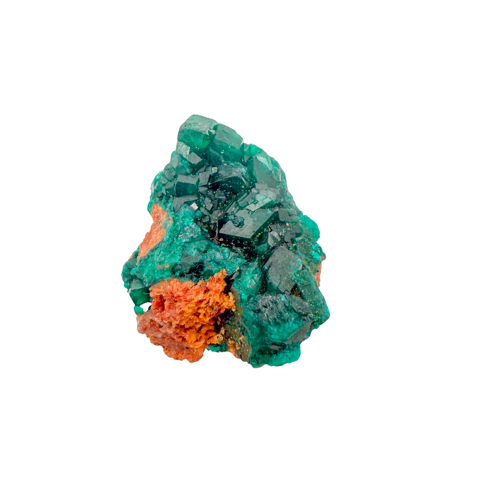 Raw dioptase crystal specimen from the Republic of the Congo, deep emerald-green druzy on matrix, specimen 13, view 3
