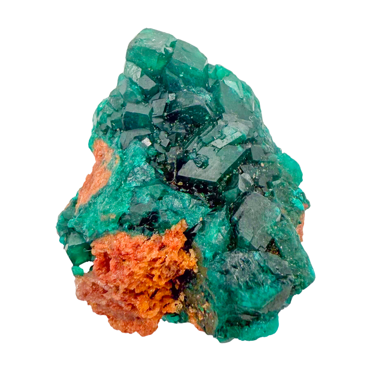 Raw dioptase crystal specimen from the Republic of the Congo, deep emerald-green druzy on matrix, specimen 13, view 3