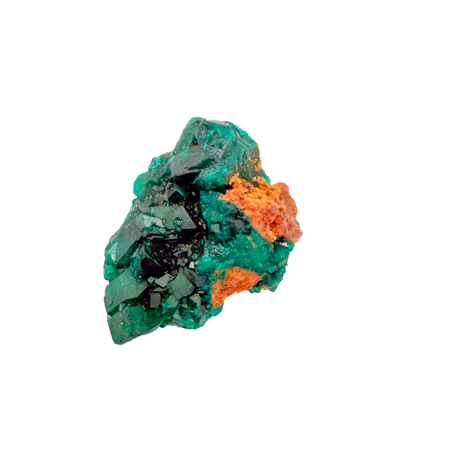 Raw dioptase crystal specimen from the Republic of the Congo, deep emerald-green druzy on matrix, specimen 13, view 5