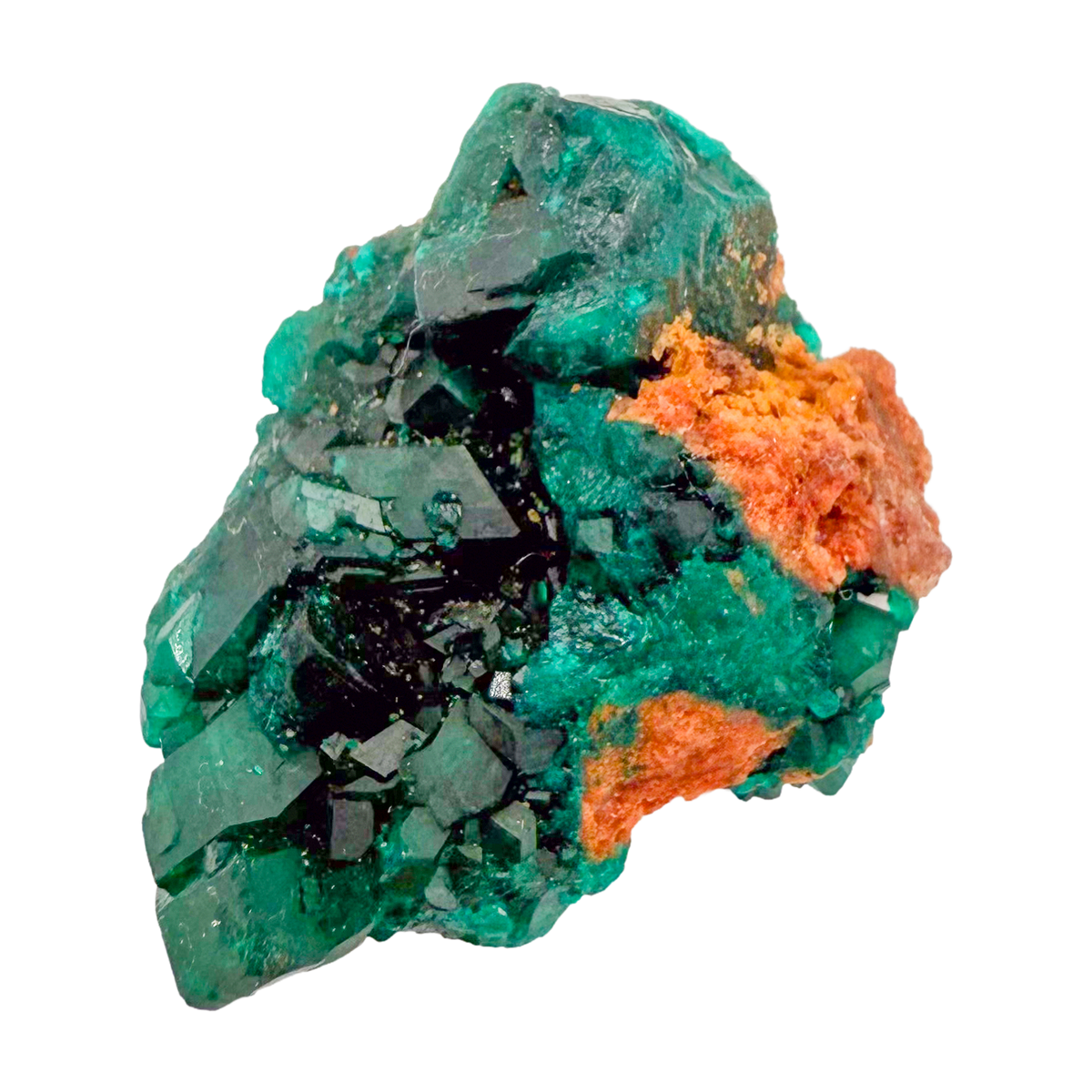 Raw dioptase crystal specimen from the Republic of the Congo, deep emerald-green druzy on matrix, specimen 13, view 5