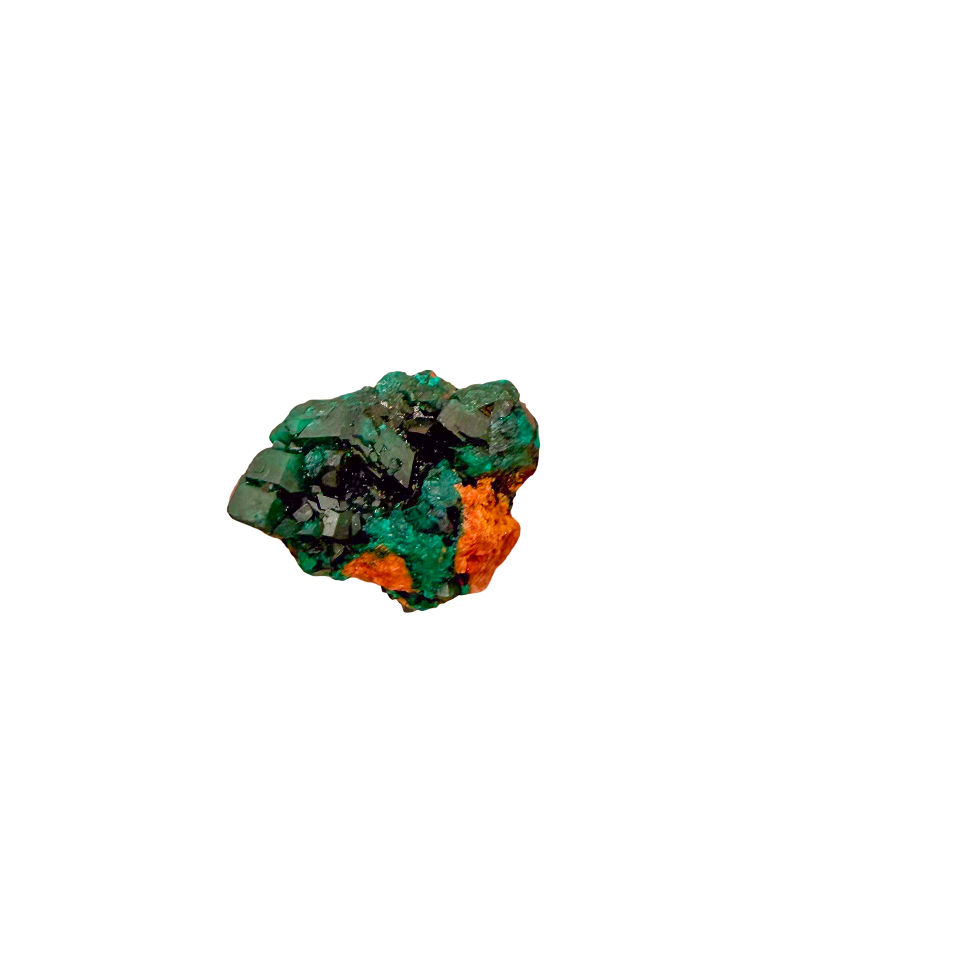 Raw dioptase crystal specimen from the Republic of the Congo, deep emerald-green druzy on matrix, specimen 13, view 6
