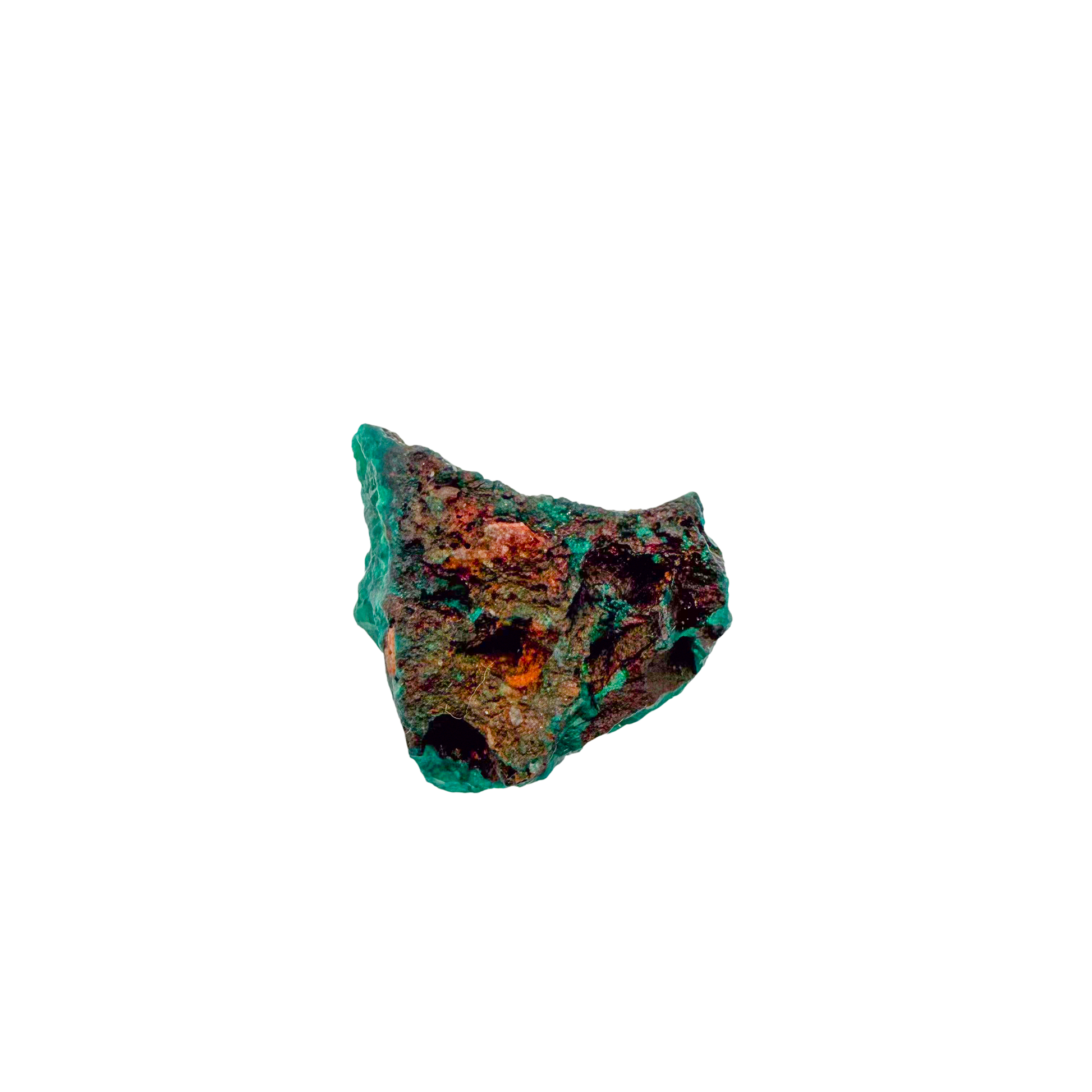Raw dioptase crystal specimen from the Republic of the Congo, deep emerald-green druzy on matrix, specimen 14, view 1