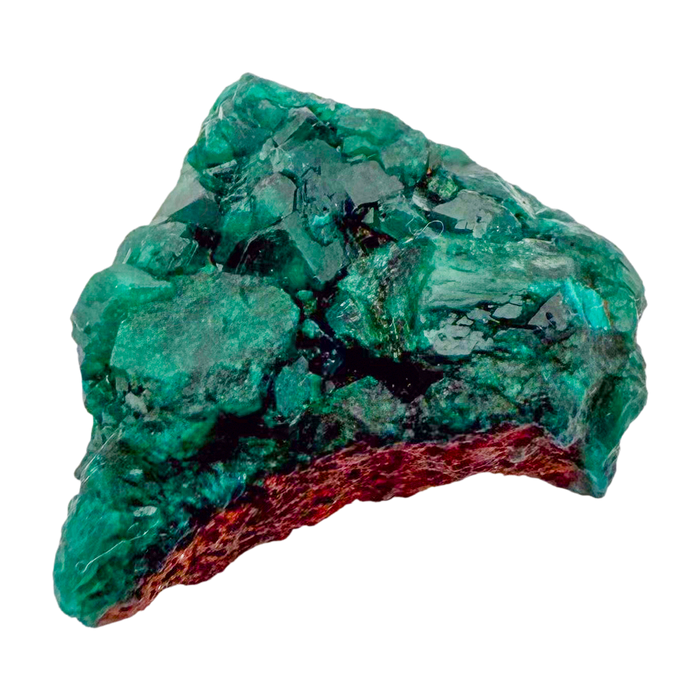 Raw dioptase crystal specimen from the Republic of the Congo, deep emerald-green druzy on matrix, specimen 14, view 4