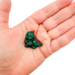 Dioptase crystal specimen from the Republic of the Congo held in hand for scale, deep emerald-green druzy, specimen 14