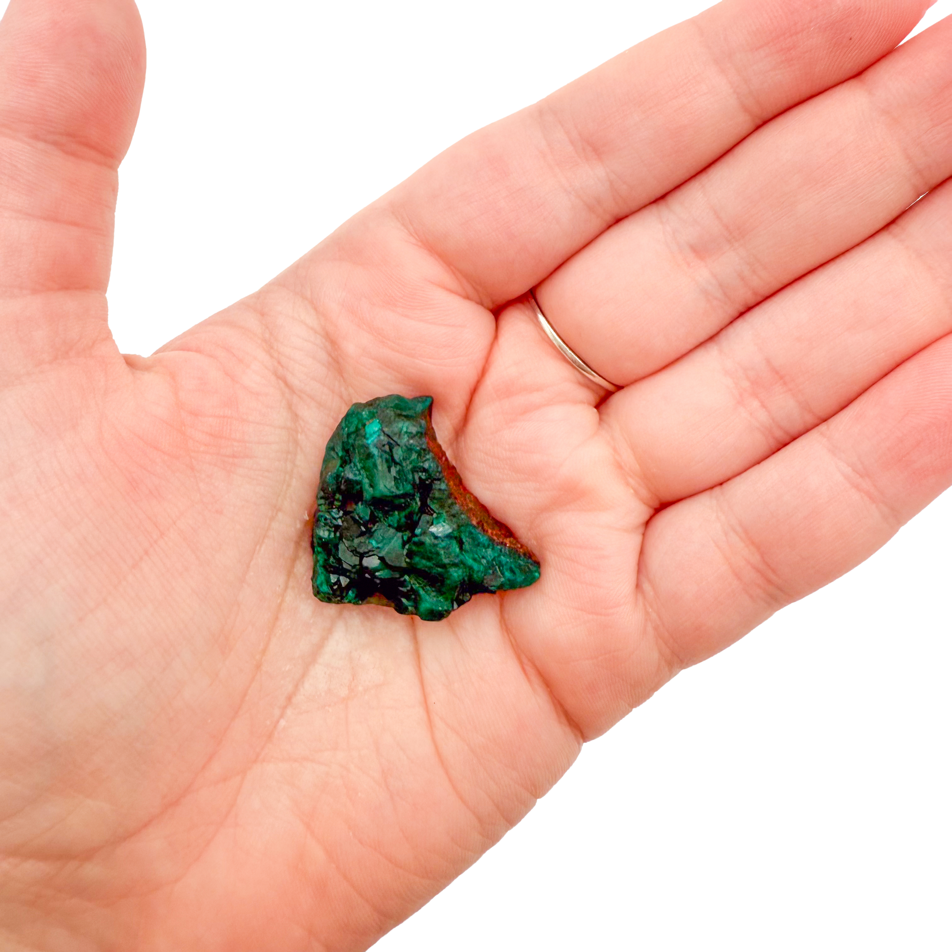 Dioptase crystal specimen from the Republic of the Congo held in hand for scale, deep emerald-green druzy, specimen 14