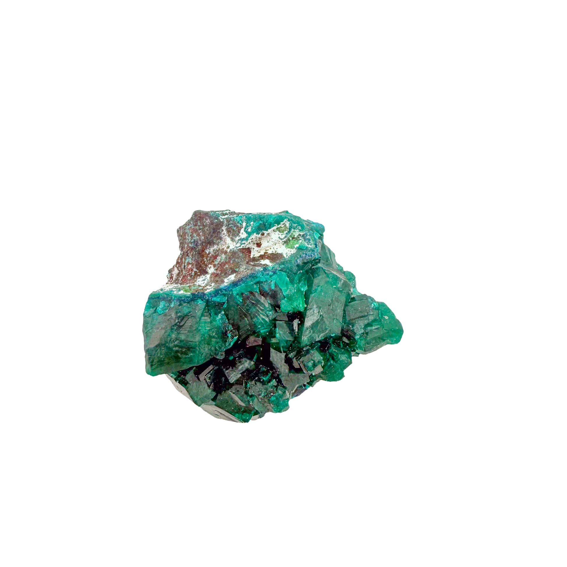 Raw dioptase crystal specimen from the Republic of the Congo, deep emerald-green druzy on matrix, specimen 15, view 1