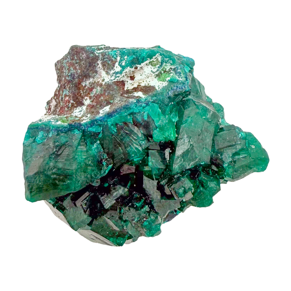 Raw dioptase crystal specimen from the Republic of the Congo, deep emerald-green druzy on matrix, specimen 15, view 1