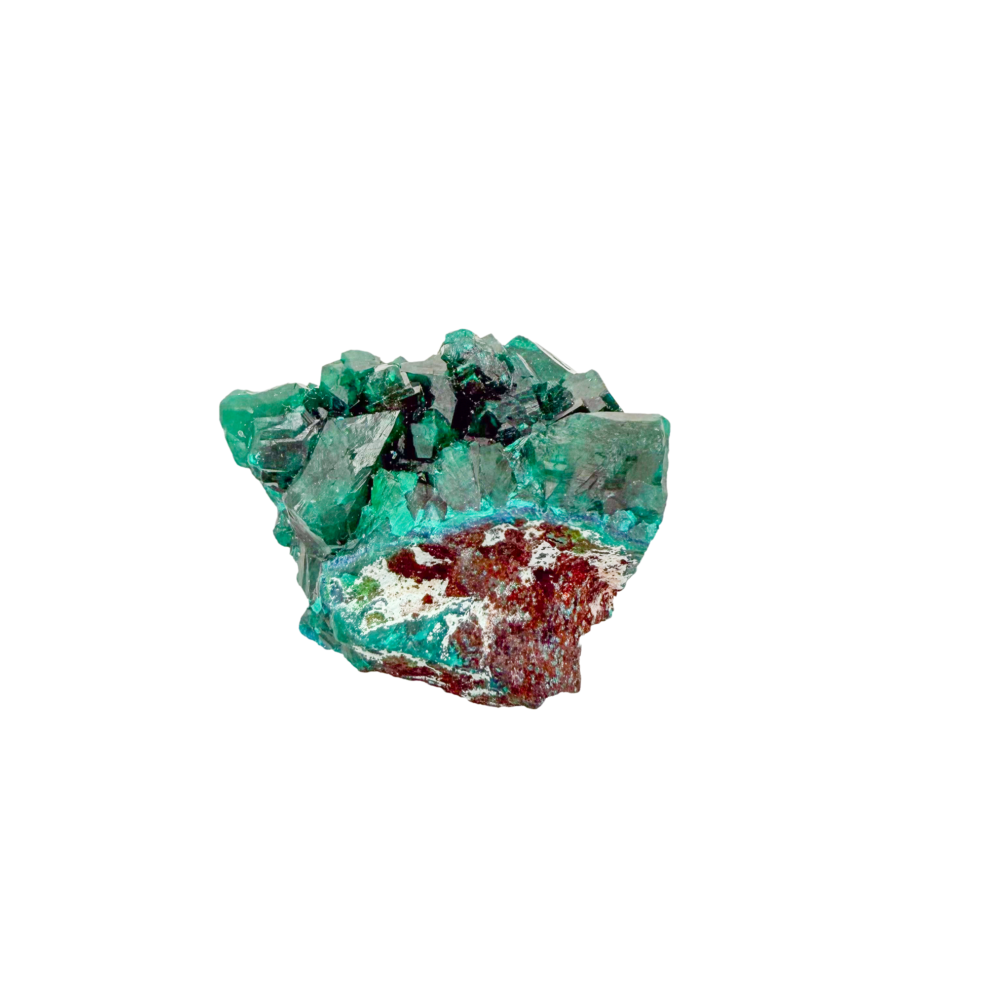 Raw dioptase crystal specimen from the Republic of the Congo, deep emerald-green druzy on matrix, specimen 15, view 2