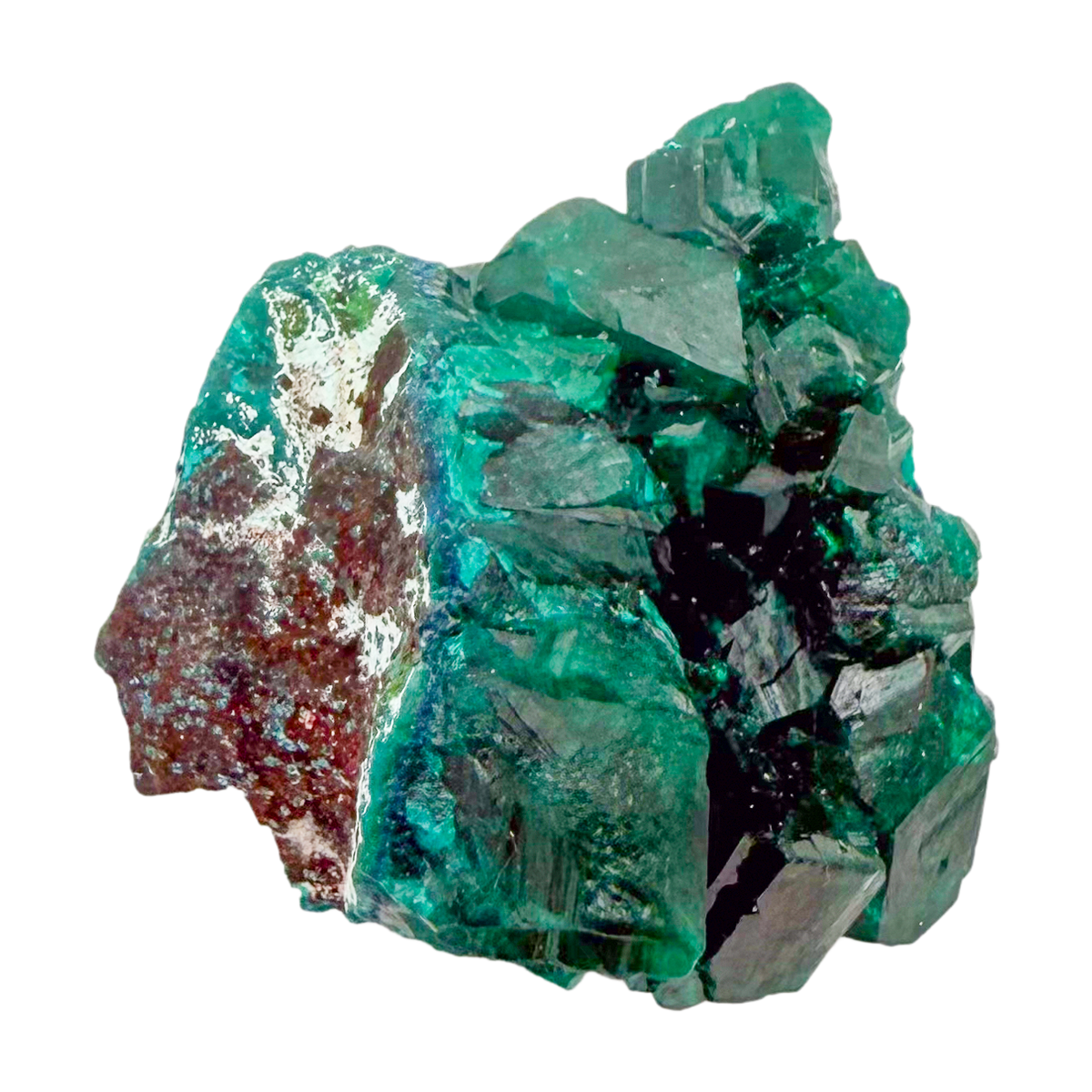 Raw dioptase crystal specimen from the Republic of the Congo, deep emerald-green druzy on matrix, specimen 15, view 3